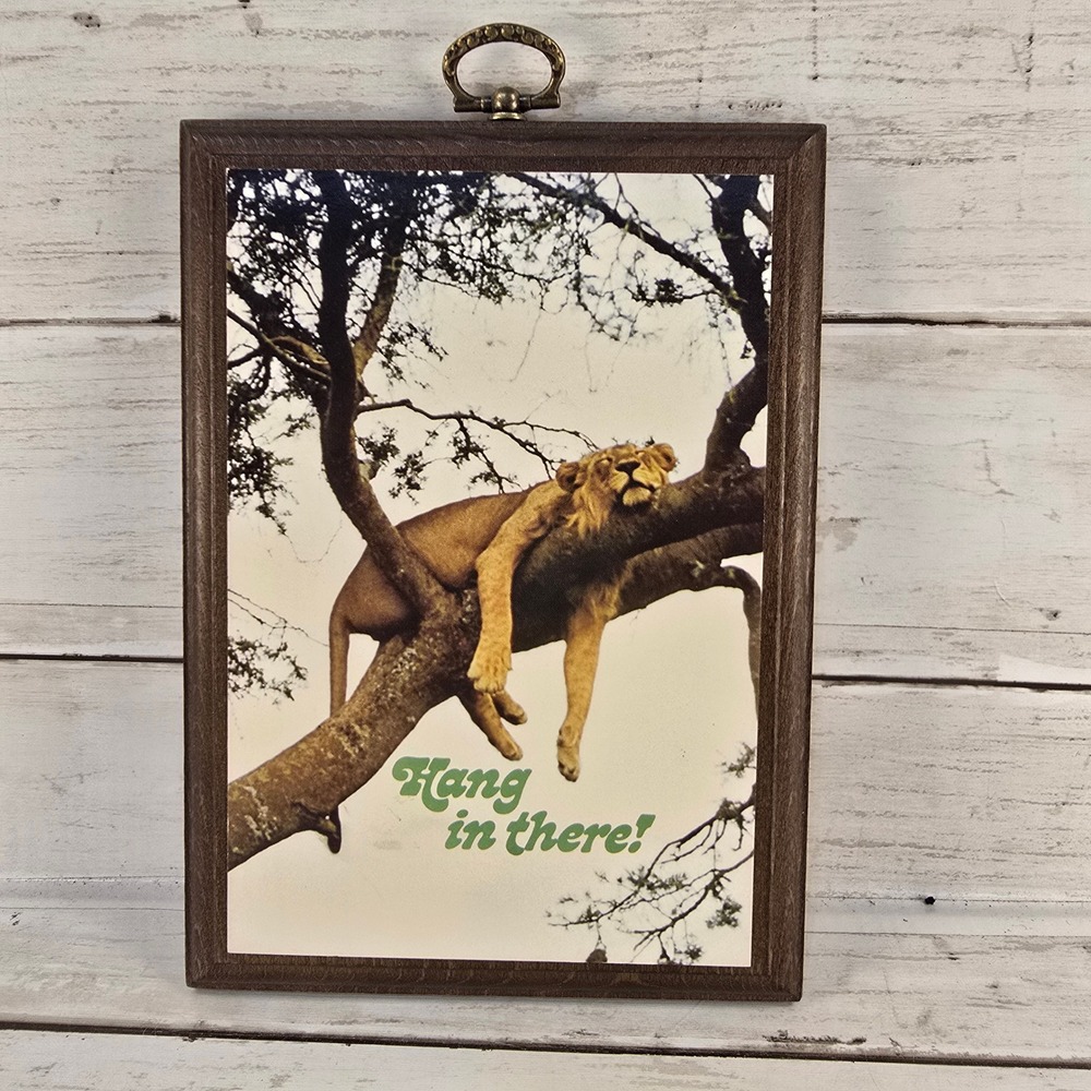 Vintage Hang In There Lion Wood Wall Plaque Retro Motivational Sign 8x5.5